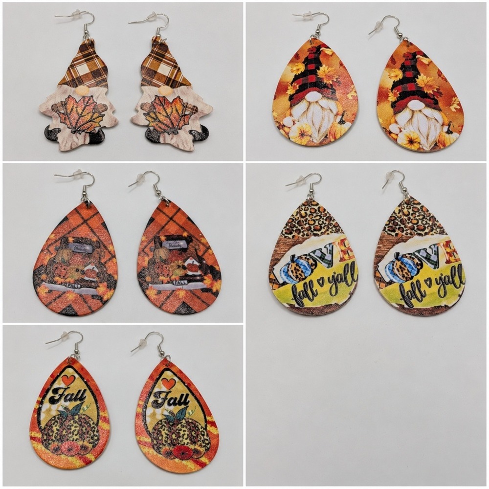 Fall Faux Leather Earrings Set Gnomes Pumpkins Leopard Autumn Dangle 5 Pairs